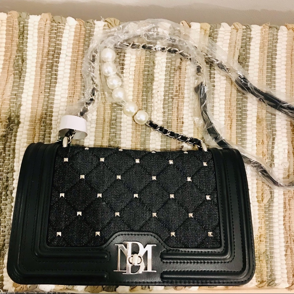 Badgley Mishka black denim, vegan leather adorned with square metal nails bag. - Picture 5 of 15